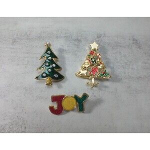 Vintage Holiday Christmas Tree Joy Brooch Lapel Pin Rhinestones Enamel Lot Of 3